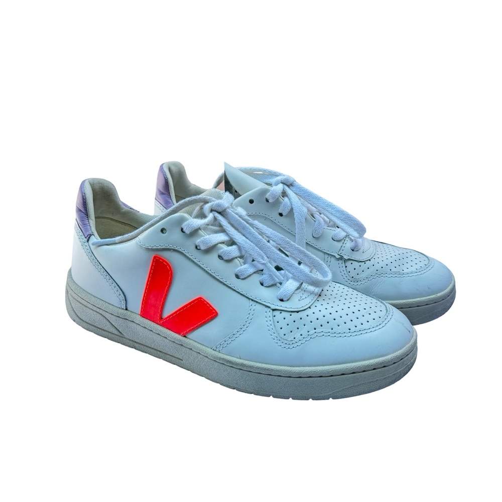 Veja White Sneakers with Neon pink/orange and Lavender Heel Accent
